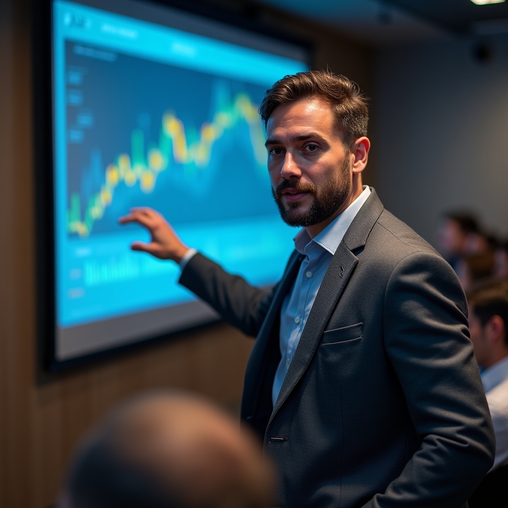 Преподаватель объясняет финансовую концепцию группе специалистов